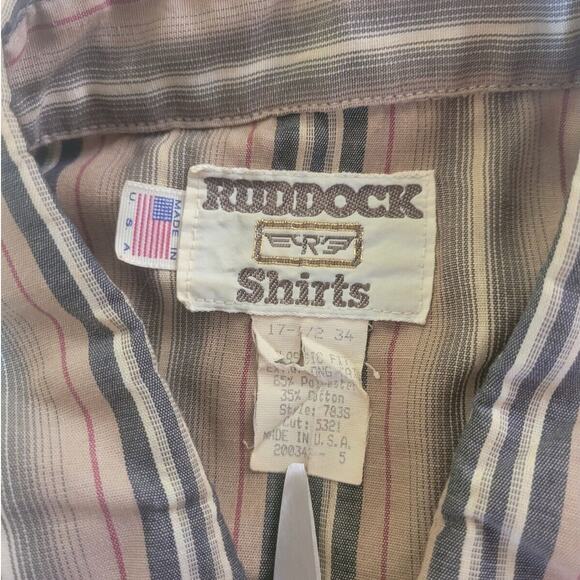 VTG Ruddock Western Pearl Snap Shirt 17.5x34 Tan Stripe USA Made Repair GVC - Picture 6 of 7